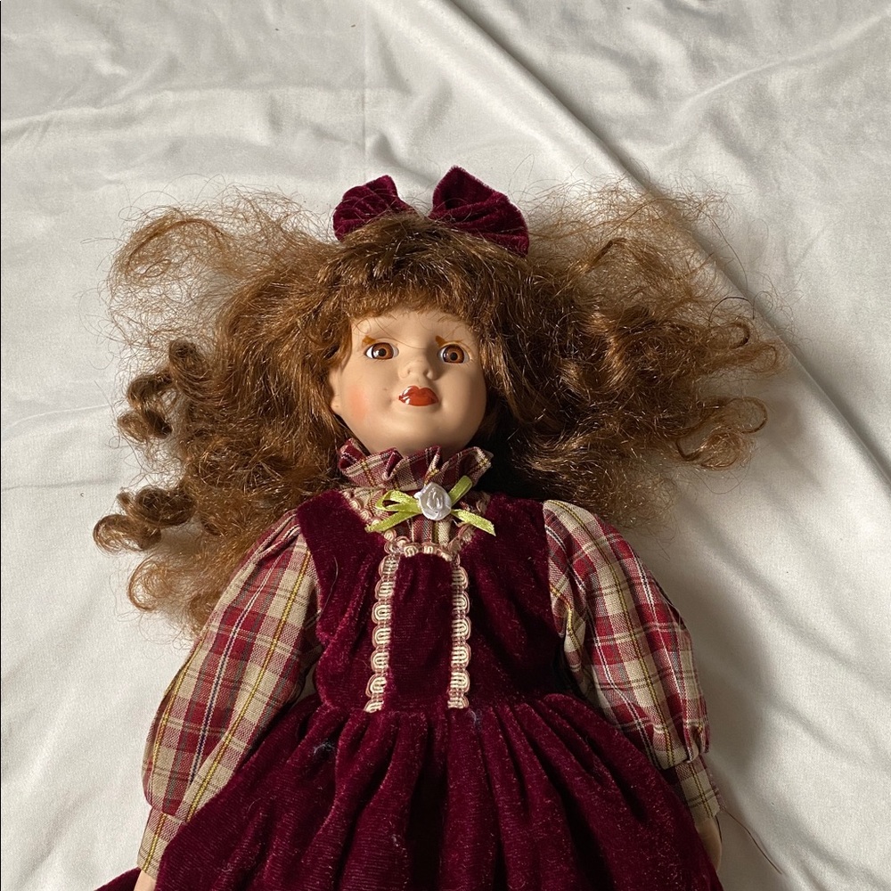 Vintage Style Porcelain Doll in Burgundy Dress - Picture 2 of 9